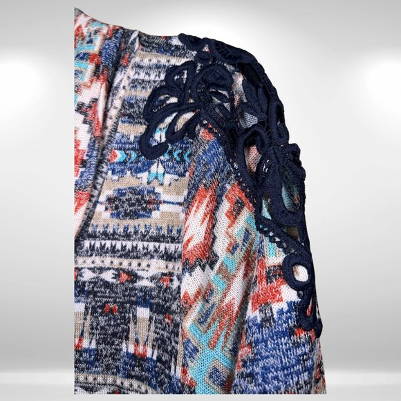 Absolutely Famous Blue & Orange Aztec Cowl Neck Knit Sweater, Lace Shoulders - Picture 3 of 7